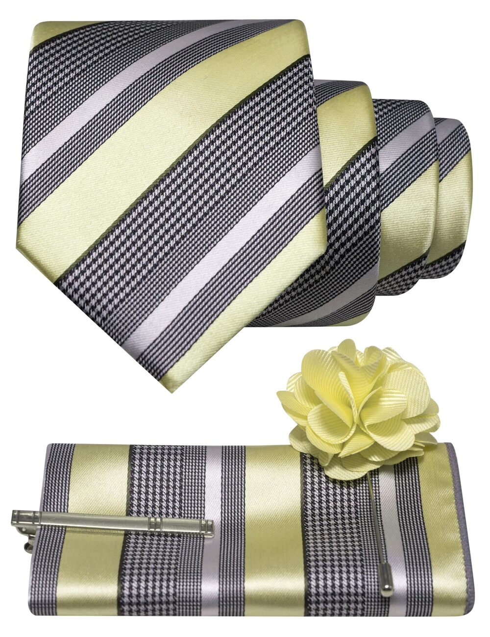 8179 Light Yellow Striped Tie and Lapel Pin Necktie Pocket Square and Tie